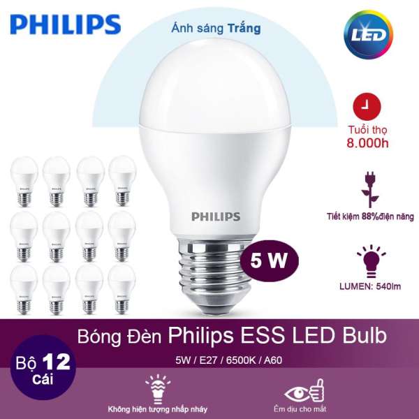 (Bộ 12) Bóng đèn Philips ESS LEDBulb 5W 6500K đuôi E27 230V A60 - Ánh sáng trắng