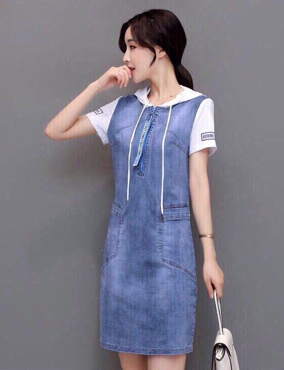 [HCM]Đầm suông jean phối nón