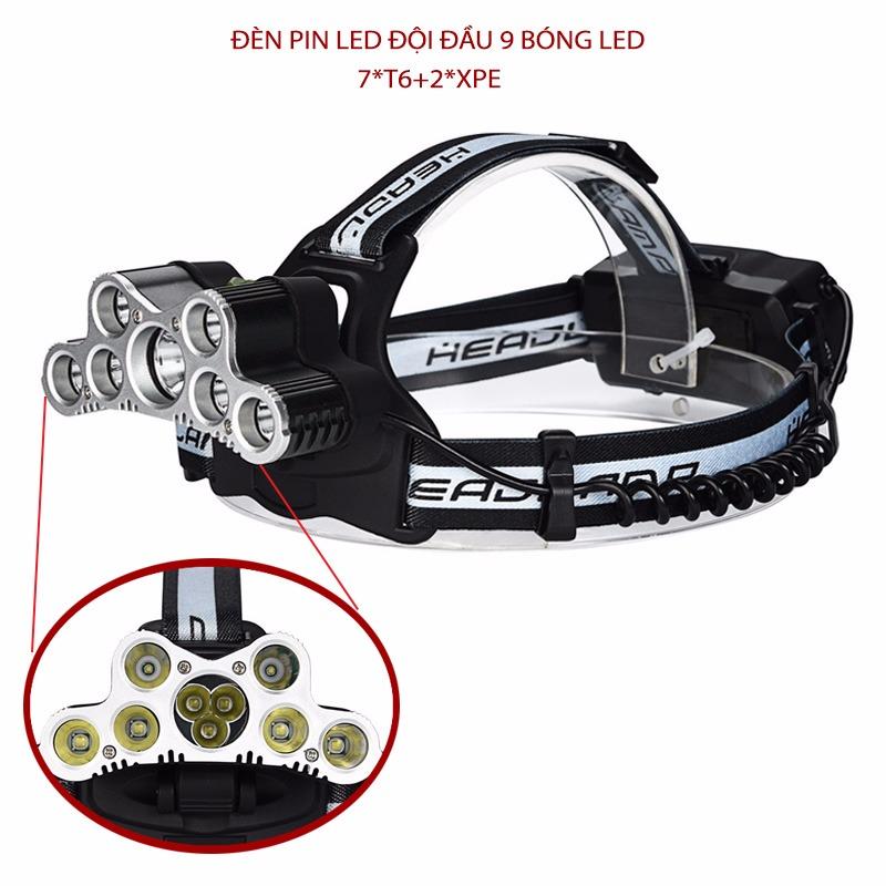 Đèn pin đội đầu siêu sáng với 9 bóng led (7 bóng T6 + 2 bóng XPE) kèm 2 pin sạc 18650