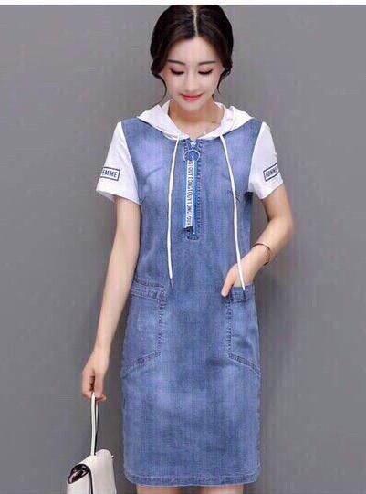[HCM]Đầm suông jean phối nón