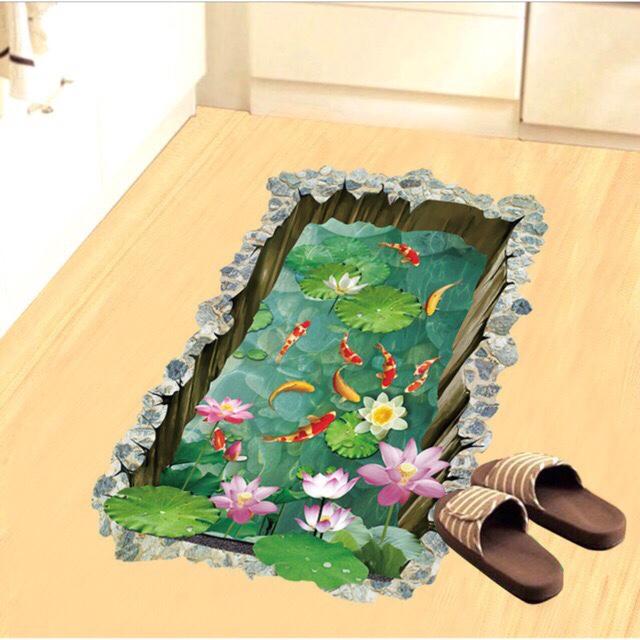 decal dán tường 3D hồ sen cá