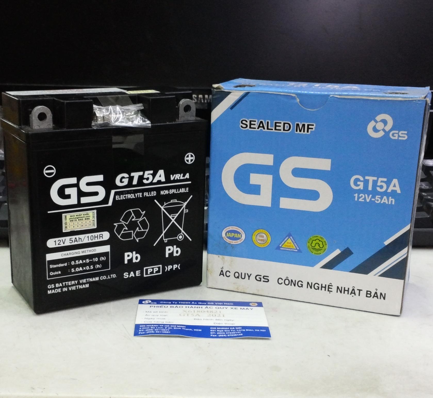 Bình Ắc Quy Khô GS GT5A 5.0Ah - ích thước (mm): 121 x 62 x 131 (Dài x Rộng x Cao)