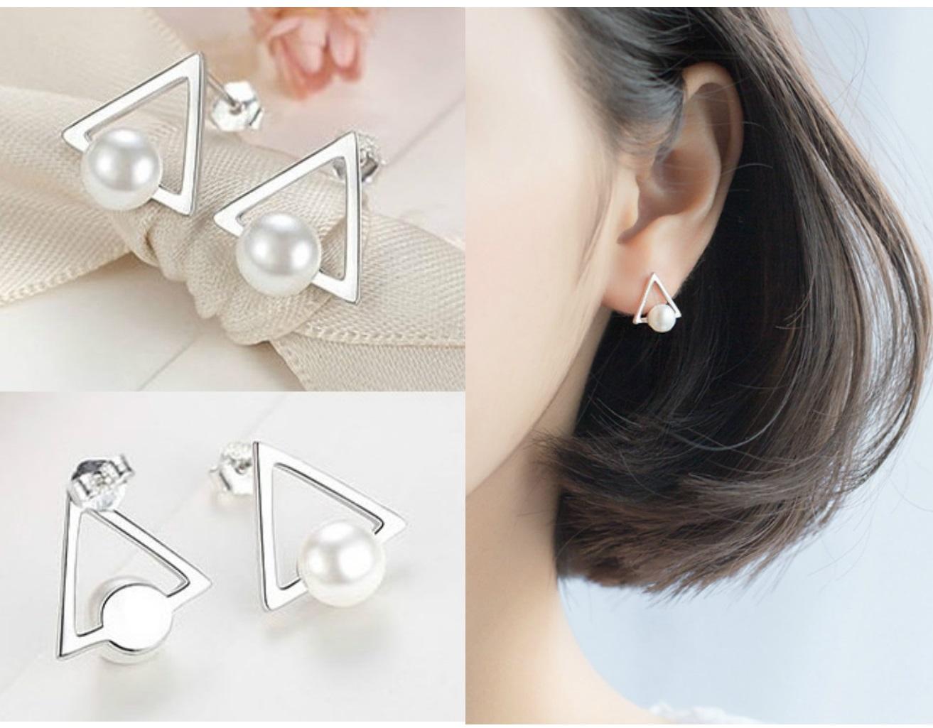 [HCM]Bông Tai Bạc S925 Tam Giác Ngọc Trai Phong Cách Hàn BTTAMGIACPEARL03