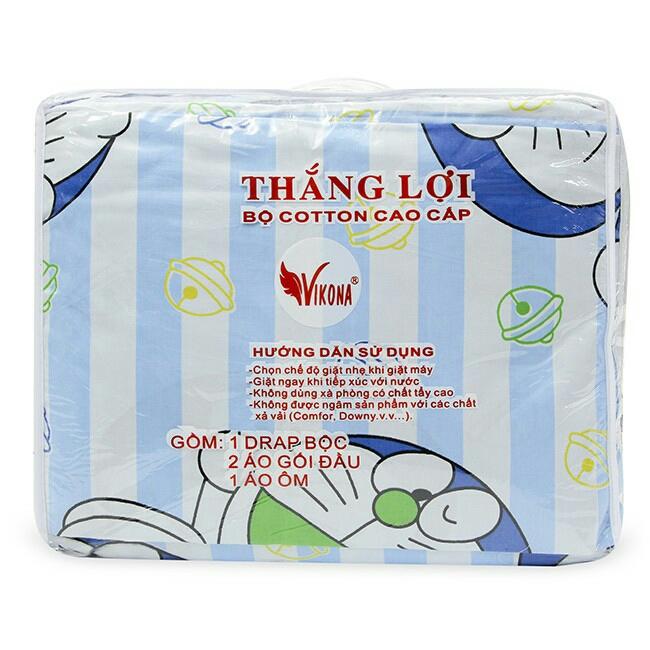 Bộ Drap Cotton Thắng Lợi 4 món, áo gối chần gòn, mẫu Doremon (1m6,1m8x2m)