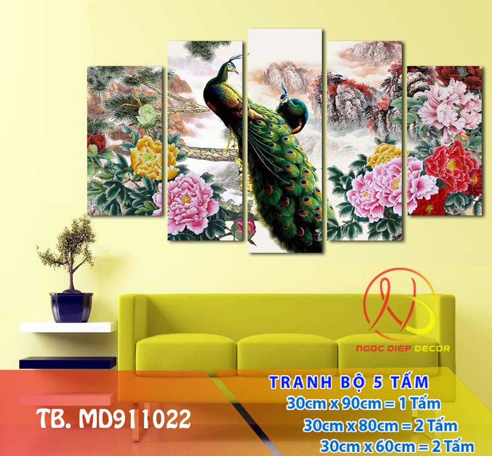 [Sale] Tranh treo 3D Chim công MD911022- Tranh treo tường đẹp 3D [5 tấm rộng 1,5m cao 0,9m] SuperDecor