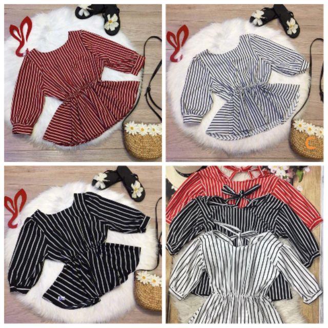 Áo Peplum Sọc Kẽ Lưng V Buộc Nơ