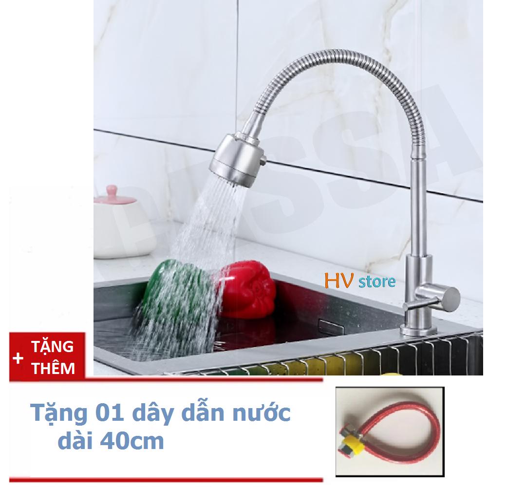 Vòi rửa chén gắn chậu cần sun lò xo, chất liệu inox 304, tặng 1 dây dẫn nước