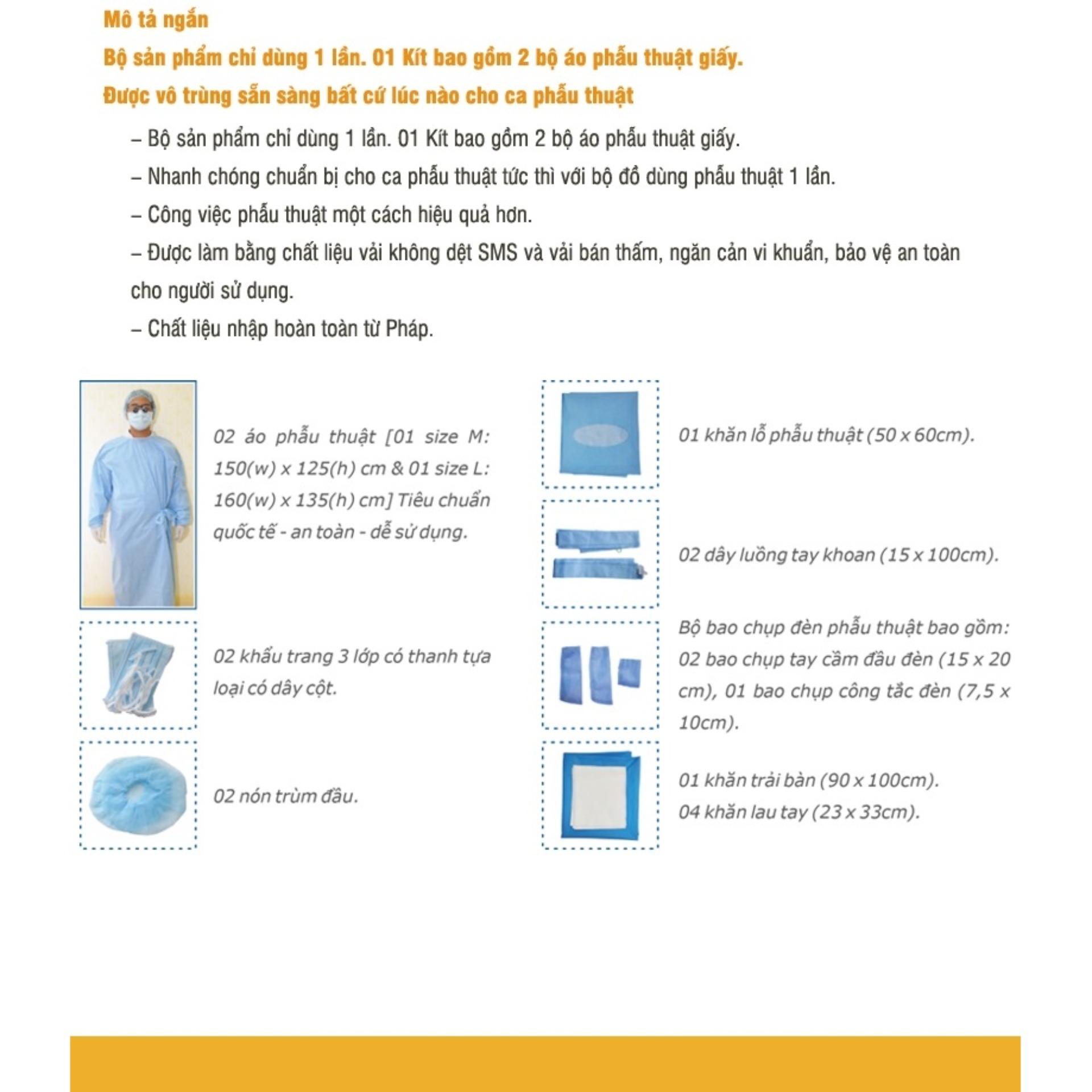 Trang phục chống dịch Bộ 7 món: Áo choàng, quần, khẩu trang, nón, bao giày, găng tay cao su, kính bảo hộ.