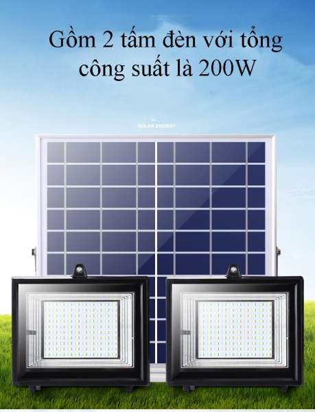 Đèn LED năng lượng mặt trời gồm 2 đèn 50W và 1 tấm pin năng lượng HOOREE 385