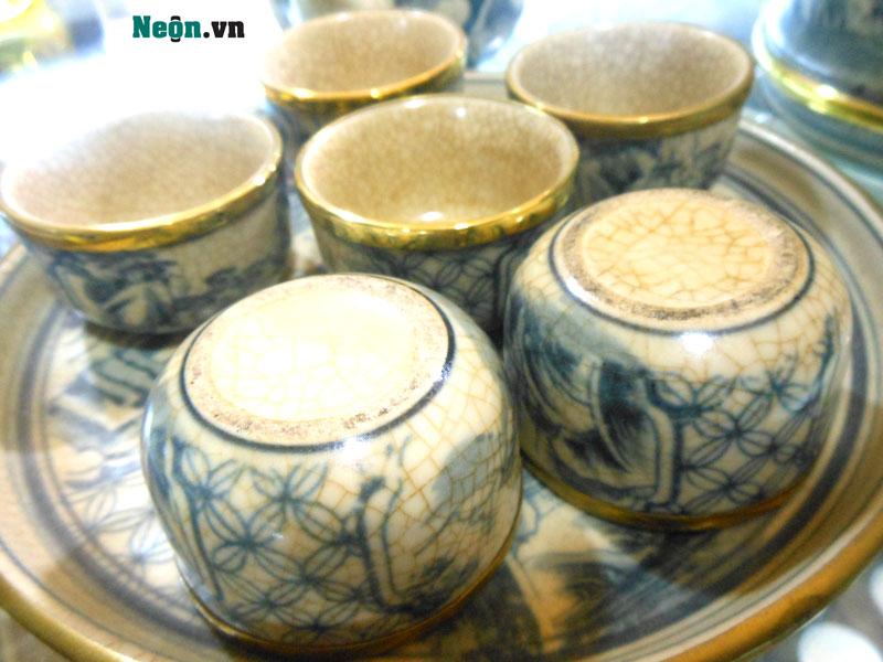 Bộ ấm chén Bát Tràng men rạn giả cổ bọc đồng AC02