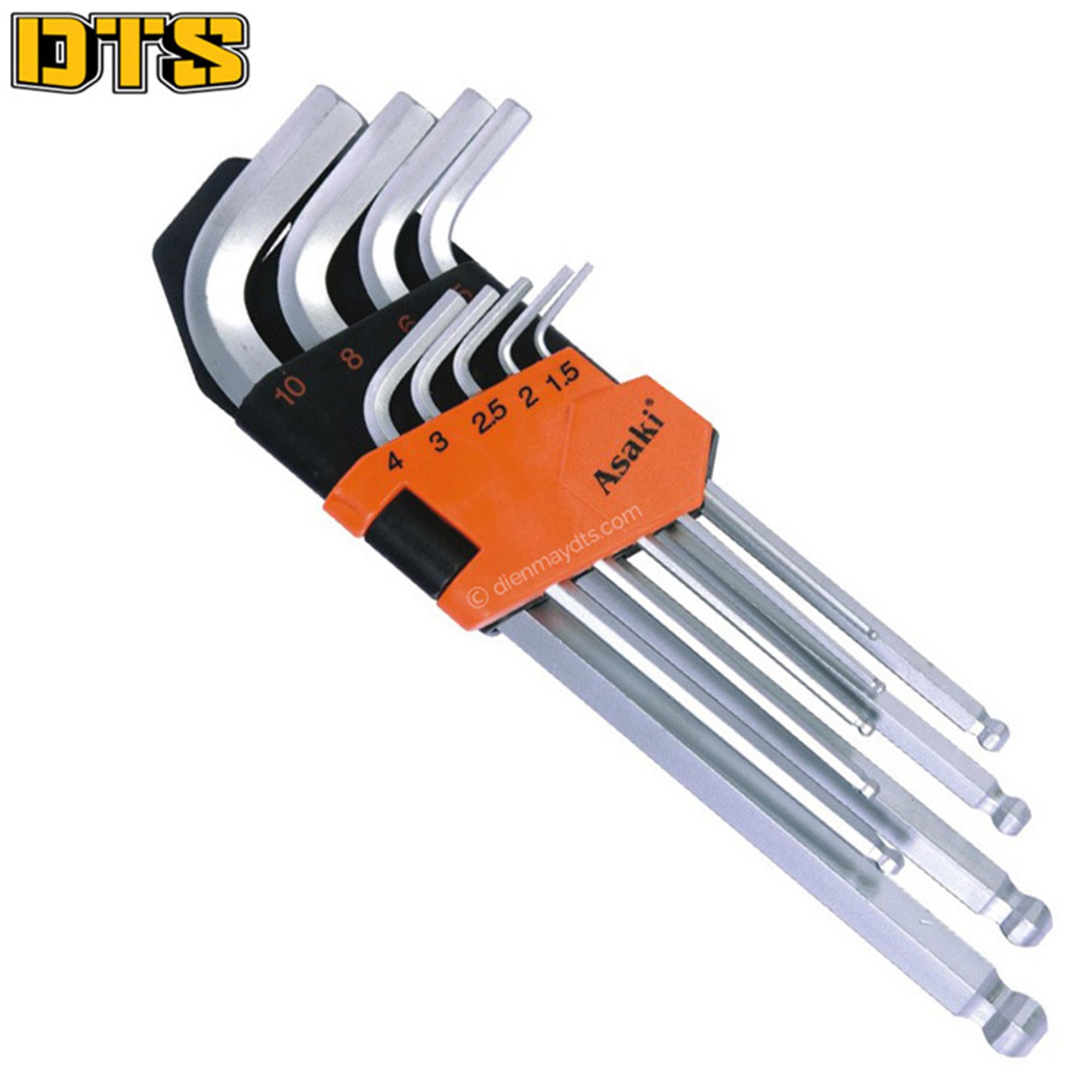 Bộ lục giác đầu bi ngắn hệ mét 9 chi tiết Asaki AK-0409