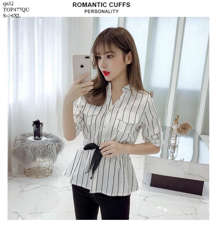 TOP477QU ÁO SƠ MI NỮ SỌC CỔ V