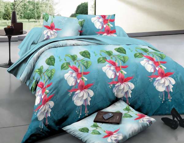 Bộ Drap Giường Ngủ Kèm Mền KAZUKO 3D Comforter Set Họa Tiết Hoa Cuống Xanh- Made in Malaysia