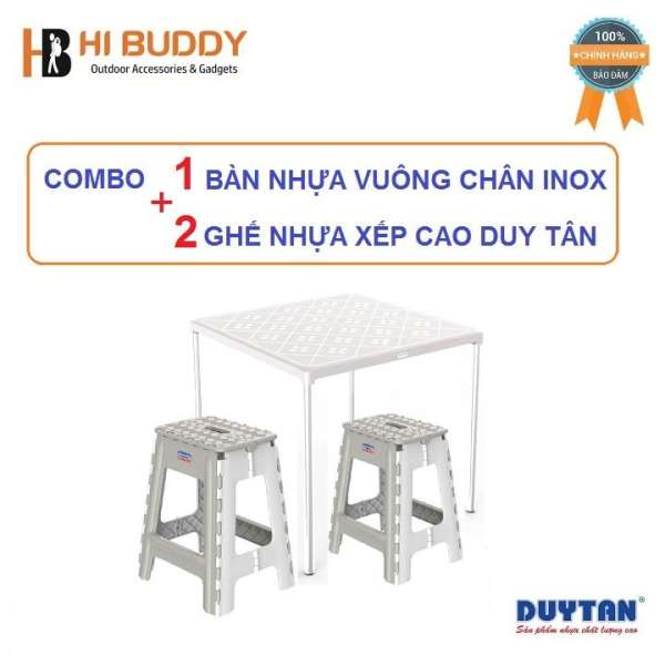 Combo 1 Bàn vuông chân Inox cao cấp + 2 Ghế nhựa cao xếp Duy Tân