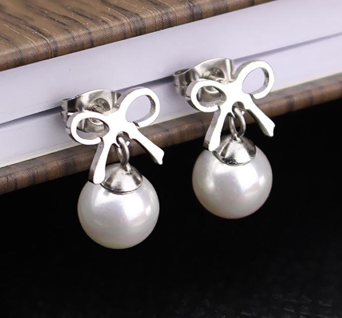 Bông tai Inox nữ Hình chiếc nơ - Ngọc trai