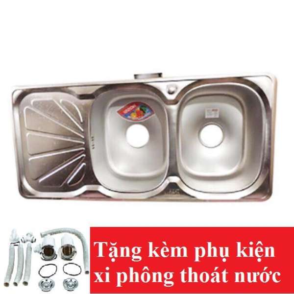 Chậu rửa bát Inox Tân Á xuất khẩu 2 ngăn (có bàn phụ) - đã đủ phụ kiện thoát nước