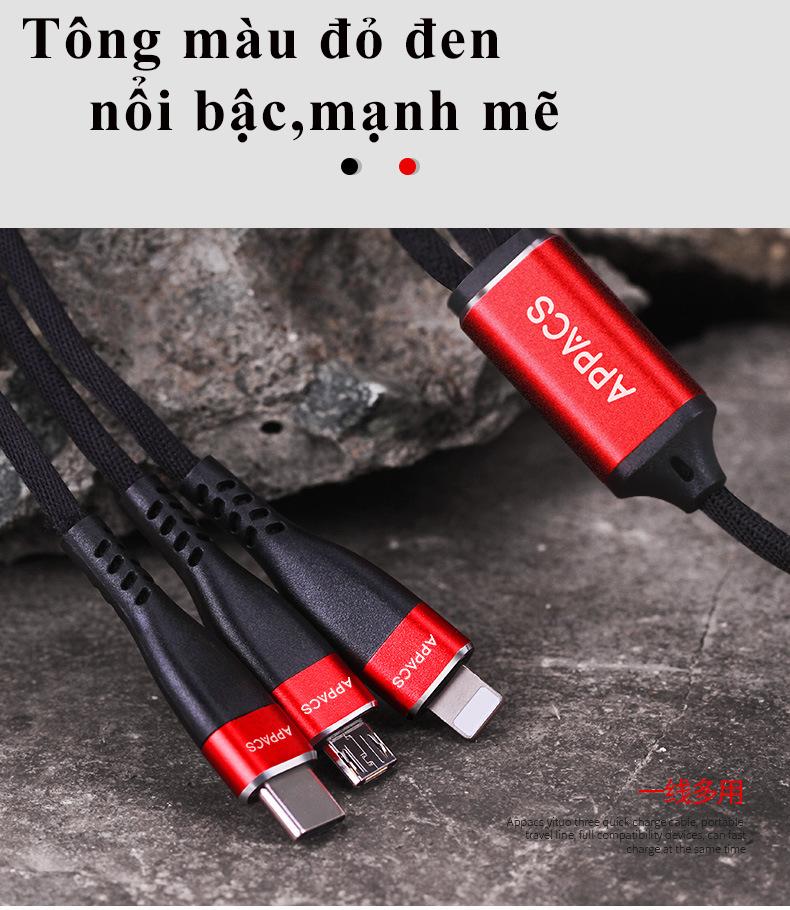 [HCM]Cáp sạc 3 đầu chính hãng APPACS iphone lightning micro USB USB Type C
