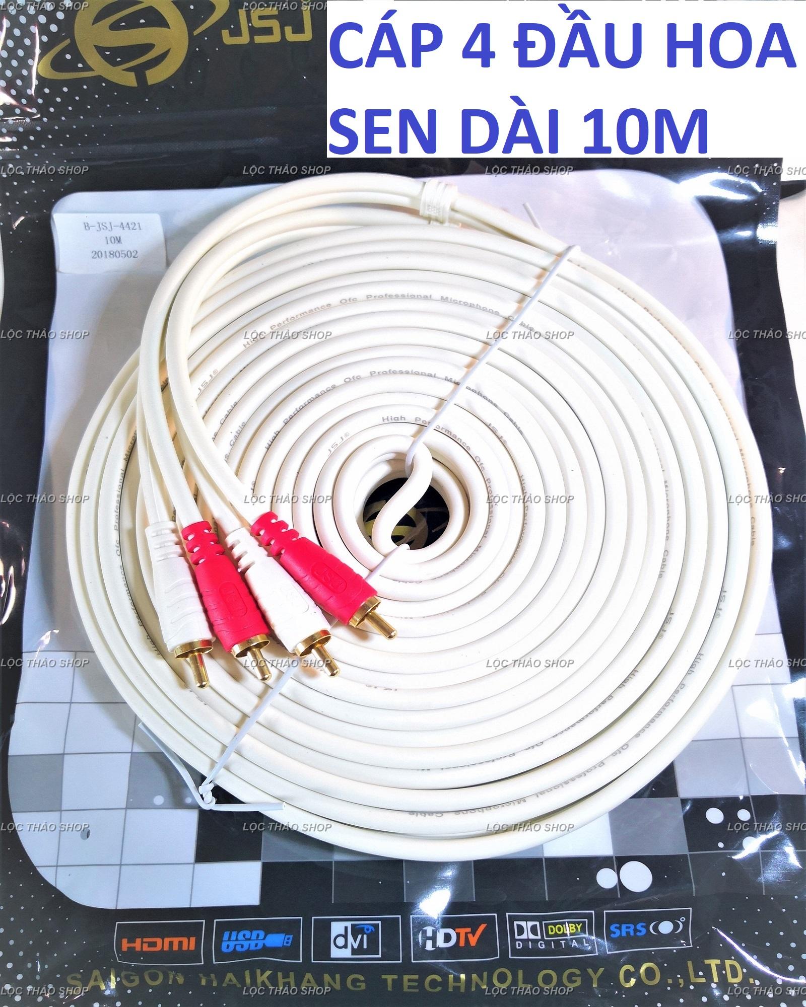Cáp loa 4 đầu hoa sen RCA dài 10M cao cấp JSJ (Dây loa AV 4 đầu)