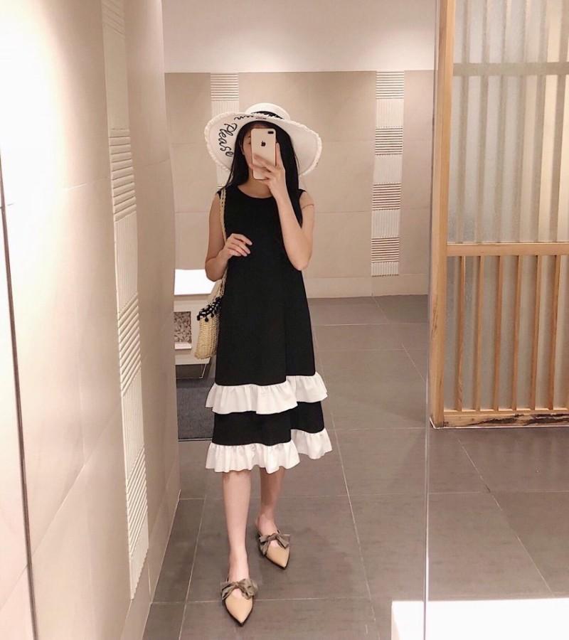 ĐẦM MAXI BẦU 2 TẦNG TRẮNG ĐEN