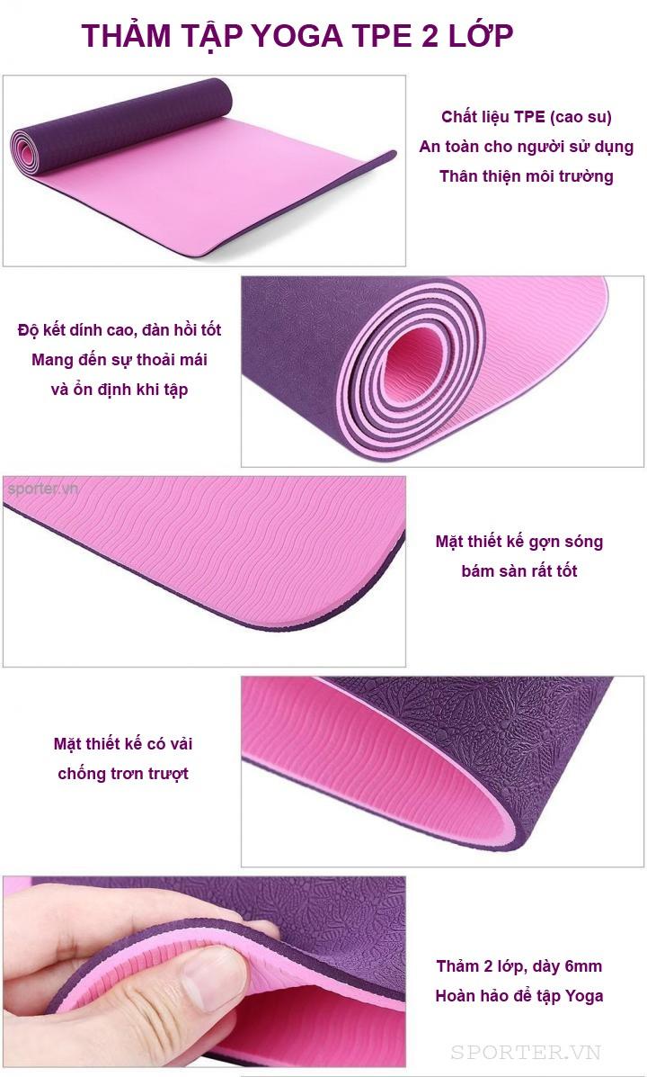 Thảm tập yoga tpe 2 lớp cao cấp(kèm tặng túi) (xanh dương ,tím và hồng)