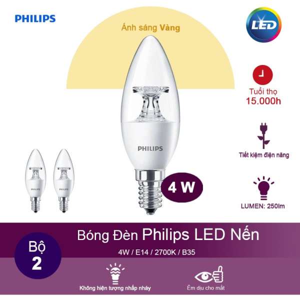 (Bộ 2) Bóng đèn Philips LED Nến 4W 2700K đuôi E14 230V B35 - Ánh sáng vàng