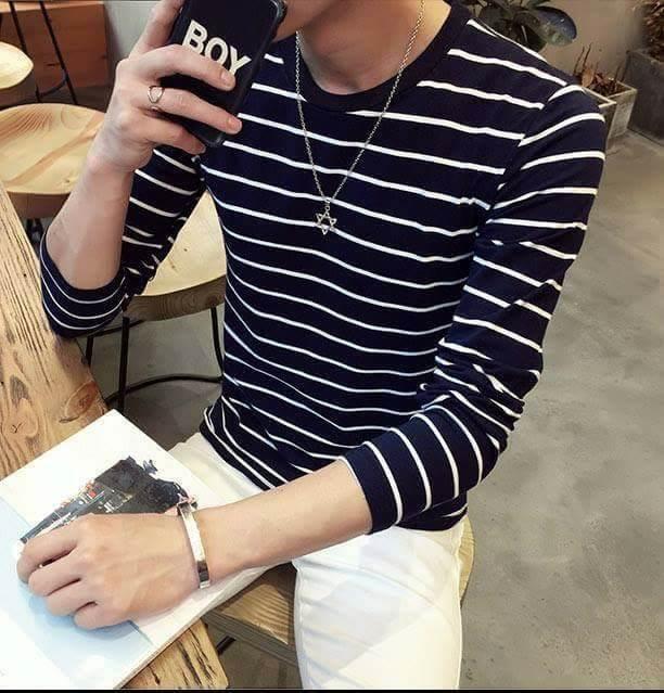 [HCM]Áo thun nam body kẻ ngang tay dài vải dày mịn ( đen )