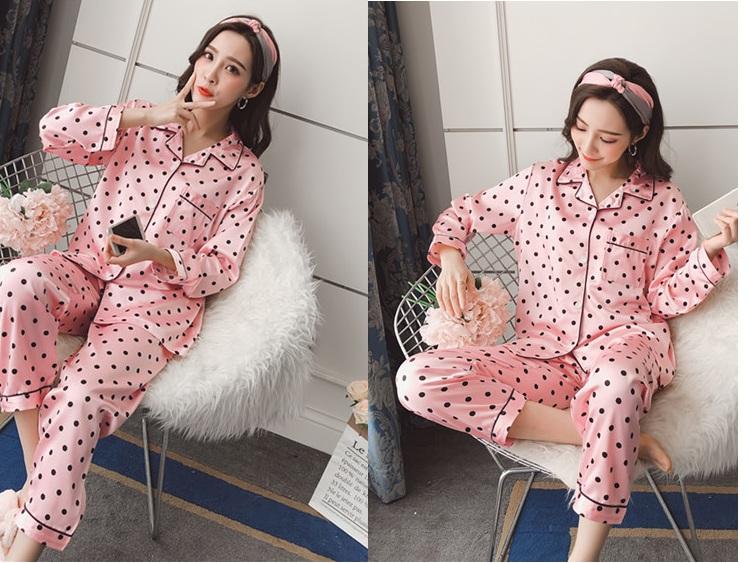 [HCM]Bộ Đồ Mặc Nhà Pijama Phi Lụa Họa Tiết Chấm Bi CDANP15