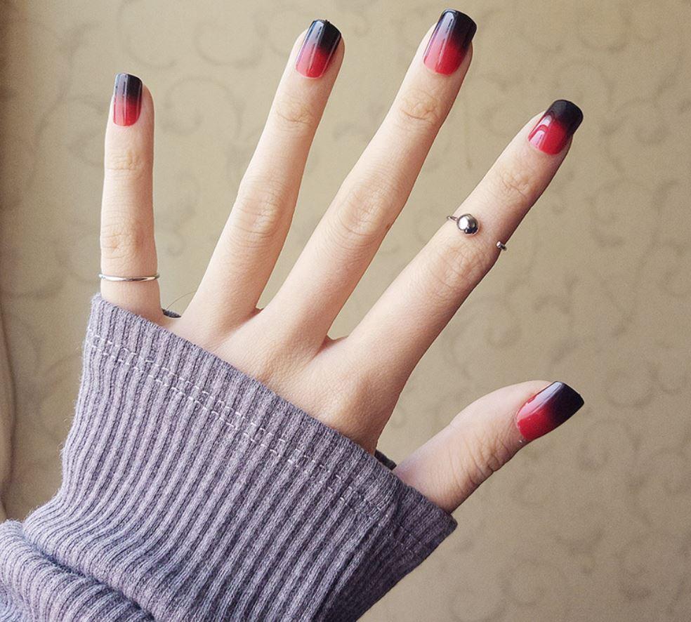Bộ 24 móng tay giả ombre trơn màu đỏ đen (kèm keo)