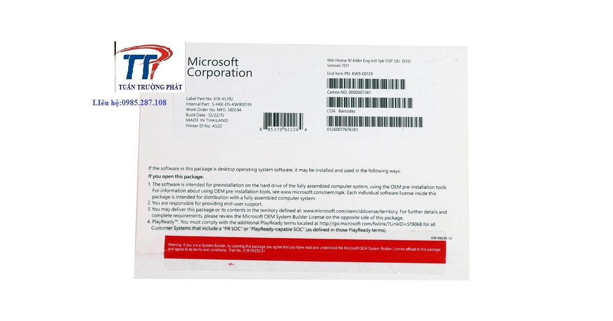 Phần mềm HĐH Microsoft Windows Pro 10 64Bit Eng Intl 1pk DSP OEI DVD