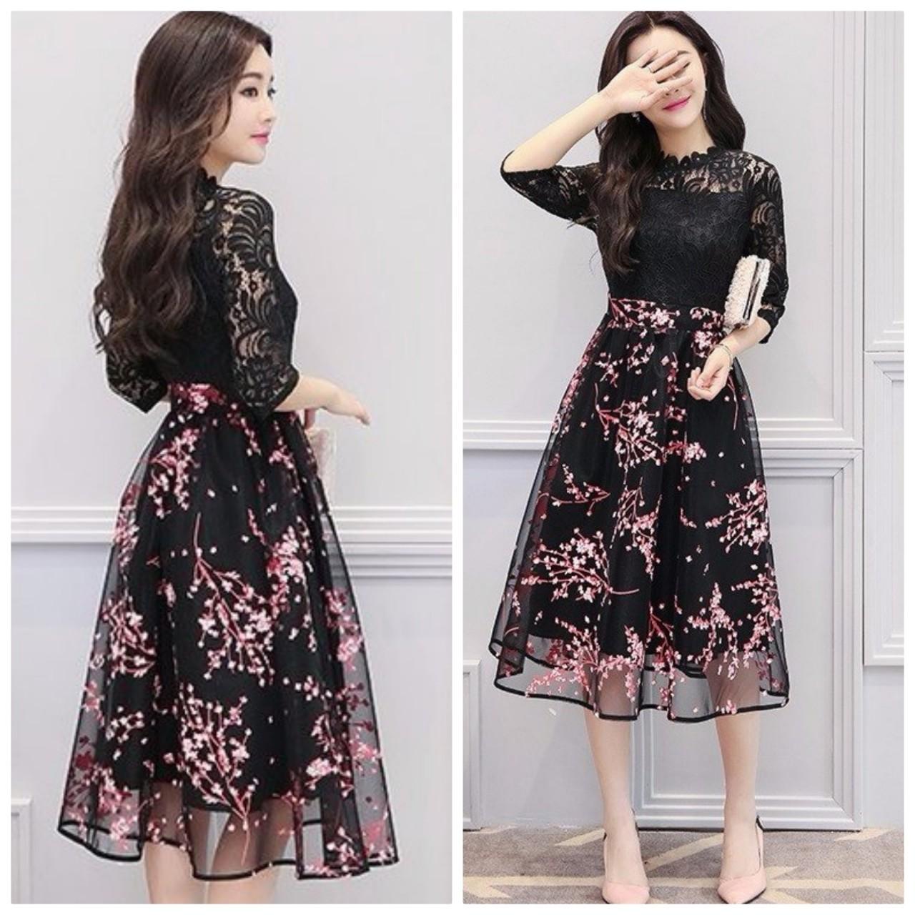 Đầm ren dự tiệc phối lưới in hoa đào cao cấp BEYEU1688- BY4291