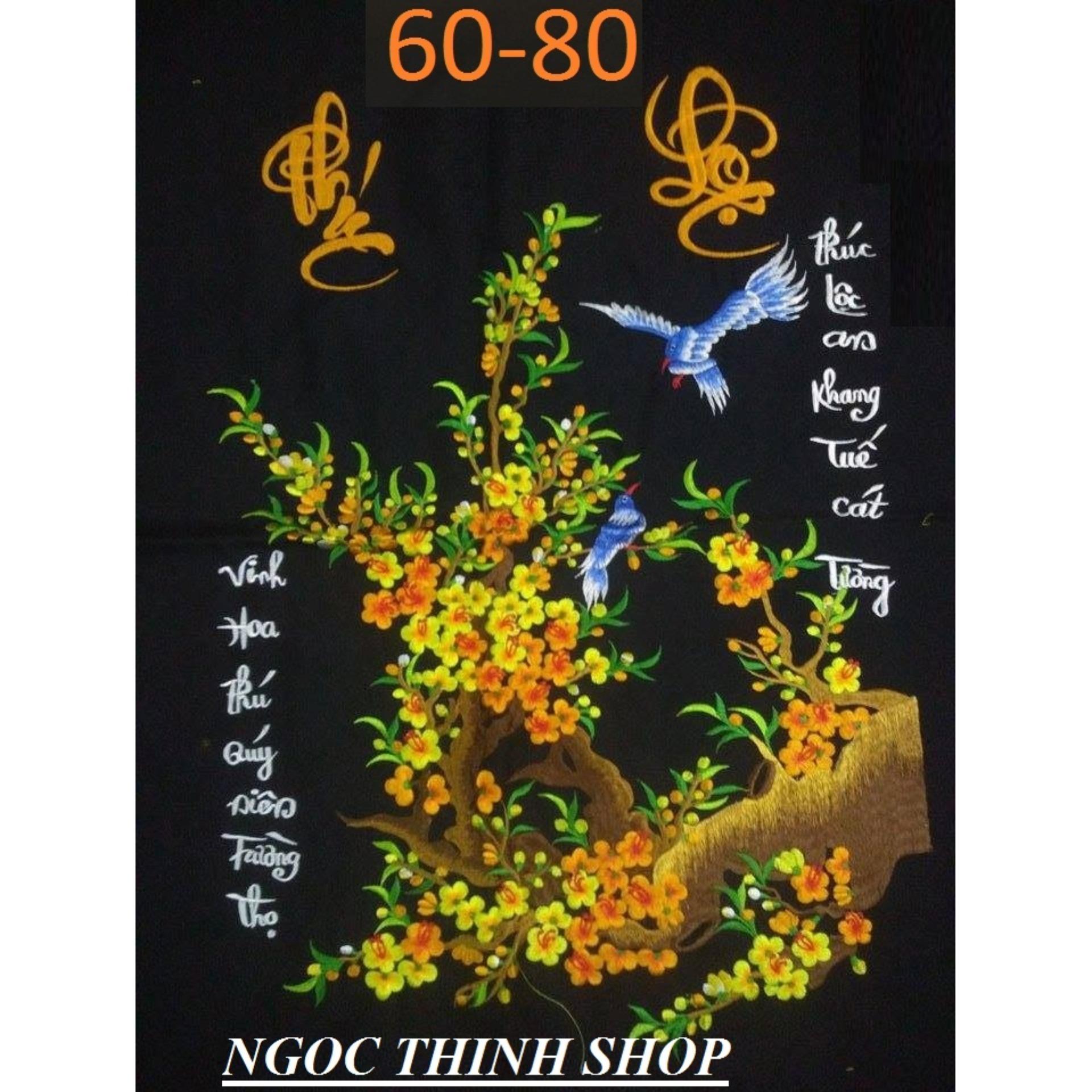 Tranh đã thêu chưa khung chỉ lụa cành mai thư pháp phúc lôc 80x60cm