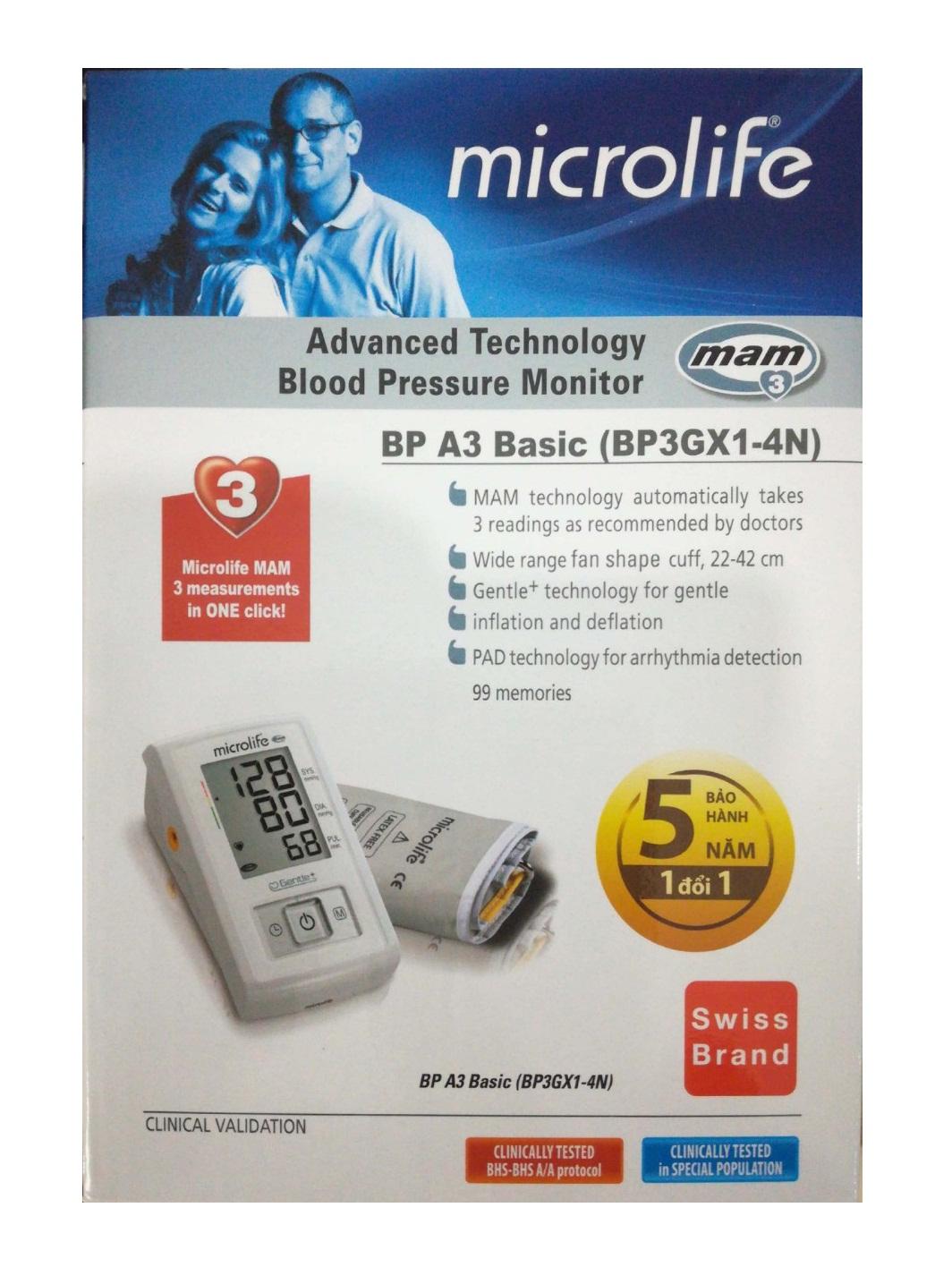 Máy đo huyết áp bắp tay Microlife A3 Basic (Trắng phối xám)