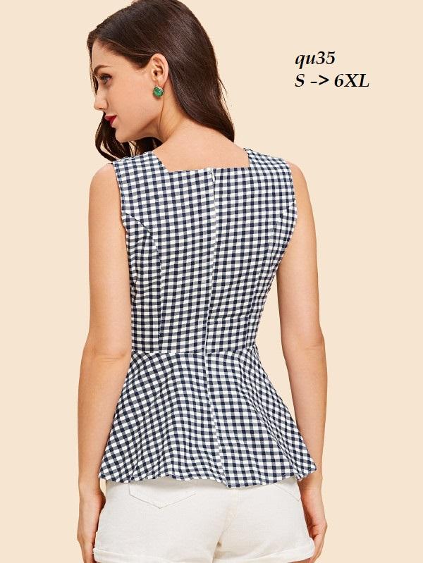 TOP197QU ÁO CARO NỮ THẮT NƠ EO