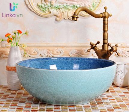 Chậu rửa lavabo gốm sứ nghệ thuật LAV0031 – Họa tiết hoa xanh in chìm