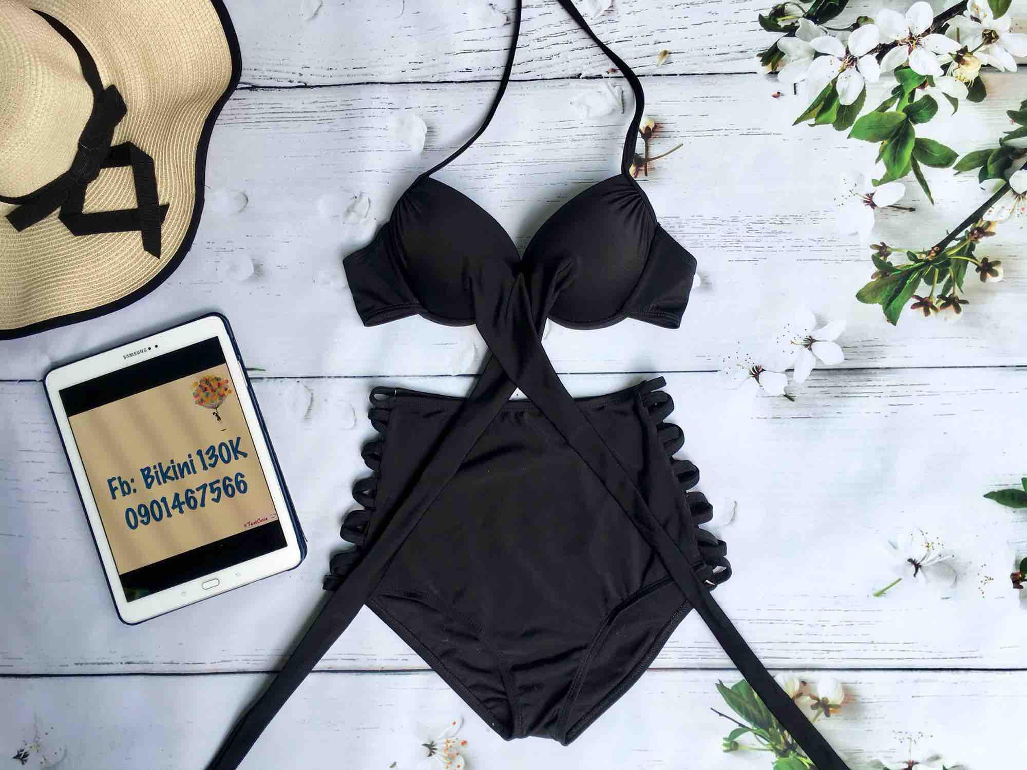 [HCM]Bikini áo chéo quần cạp cao Đan dây đen