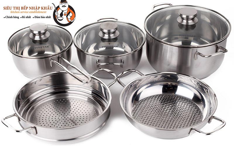 Bộ 5 nồi xửng chảo inox nắp kính Fivestar