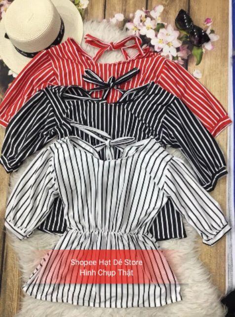 Áo Peplum Sọc Kẽ Lưng V Buộc Nơ