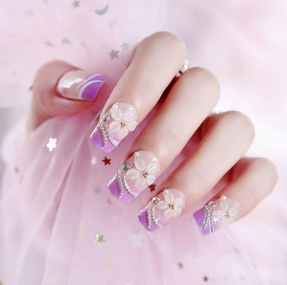 Bộ 24 móng tay giả tím đính đá (keo sẵn)