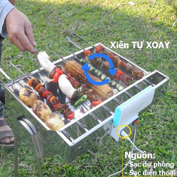 Bếp nướng than hoa MekongTech-V3: Tự xoay giúp chống cháy thực phẩm an toàn sức khỏe, chất liệu INOX( kích thước45x35x24cm), than hoa không khói dùng nướng ngoài trời dã ngoại