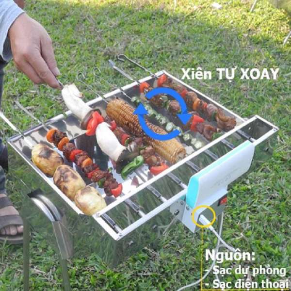 Bếp nướng than hoa MekongTech-V3: Tự xoay giúp chống cháy thực phẩm an toàn sức khỏe, chất liệu INOX( kích thước45x35x24cm), than hoa không khói dùng nướng ngoài trời dã ngoại