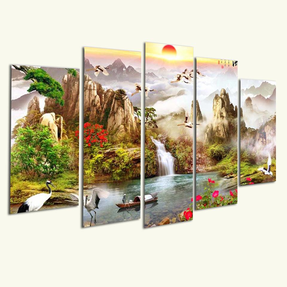 [Sale] Tranh Trang Trí Thác nước sơn thủy ST912033- Tranh treo phòng ngủ 3D [5 tấm rộng 2m cao 1,2m] SuperDecor