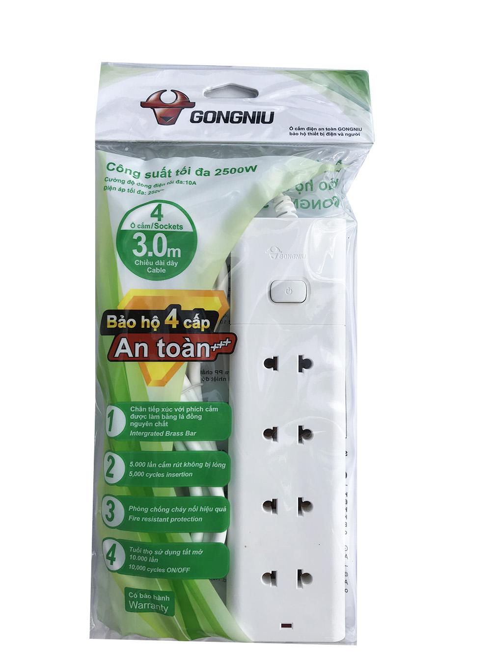 Ổ cắm điện chất lượng cao 4 ổ 1 công tắc Gongniu V1040-30 (Bảo hành 3 năm)