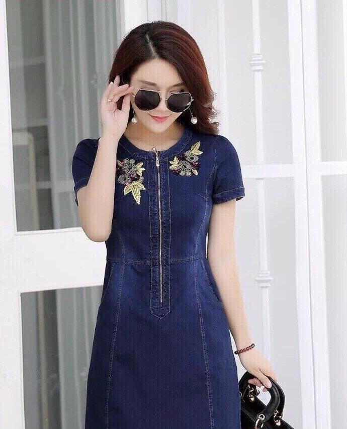 Đầm jean thêu hoa cao cấp phối dây kéo