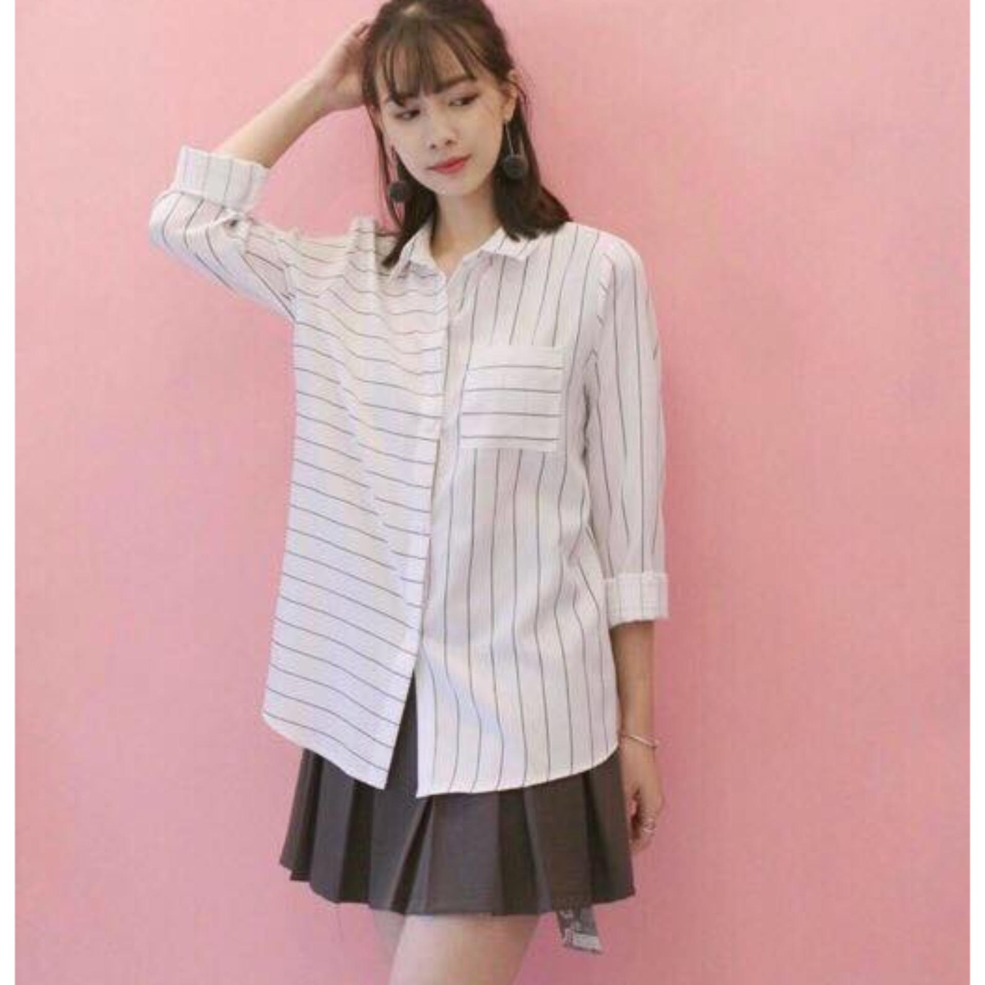 Áo Sơ mi oversize sọc dọc phối sọc ngang