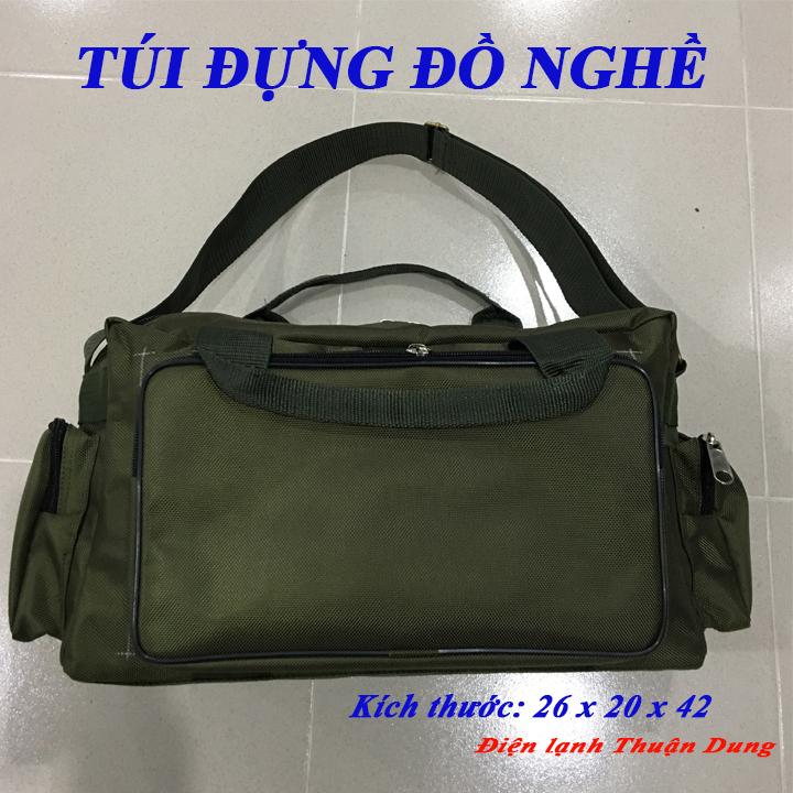 Túi đựng đồ nghề cao cấp, Túi đựng đồ nghề ngang size trung màu xanh rêu có gia cố đáy, Điện lạnh Thuận Dung