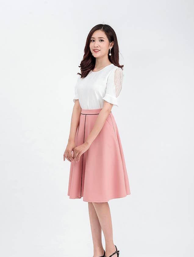 Váy xòe công sở hồng viền