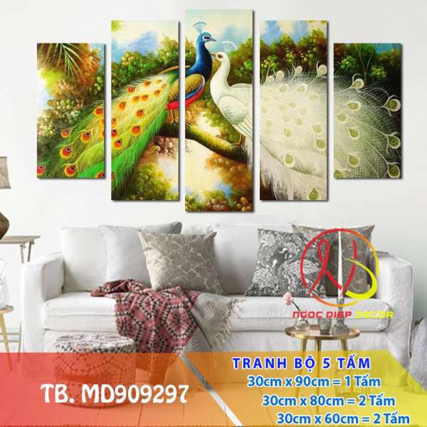 [Sale] Tranh Treo Tường Chim công MD909297- Tranh đồng hồ treo tường [5 tấm rộng 1,5m cao 0,9m] SuperDecor