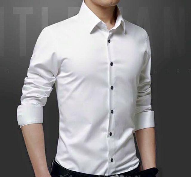 Áo sơ mi nam Trắng Cúc Đen không nhăn, Sơ mi nam trơn dáng ôm Body Hàn quốc