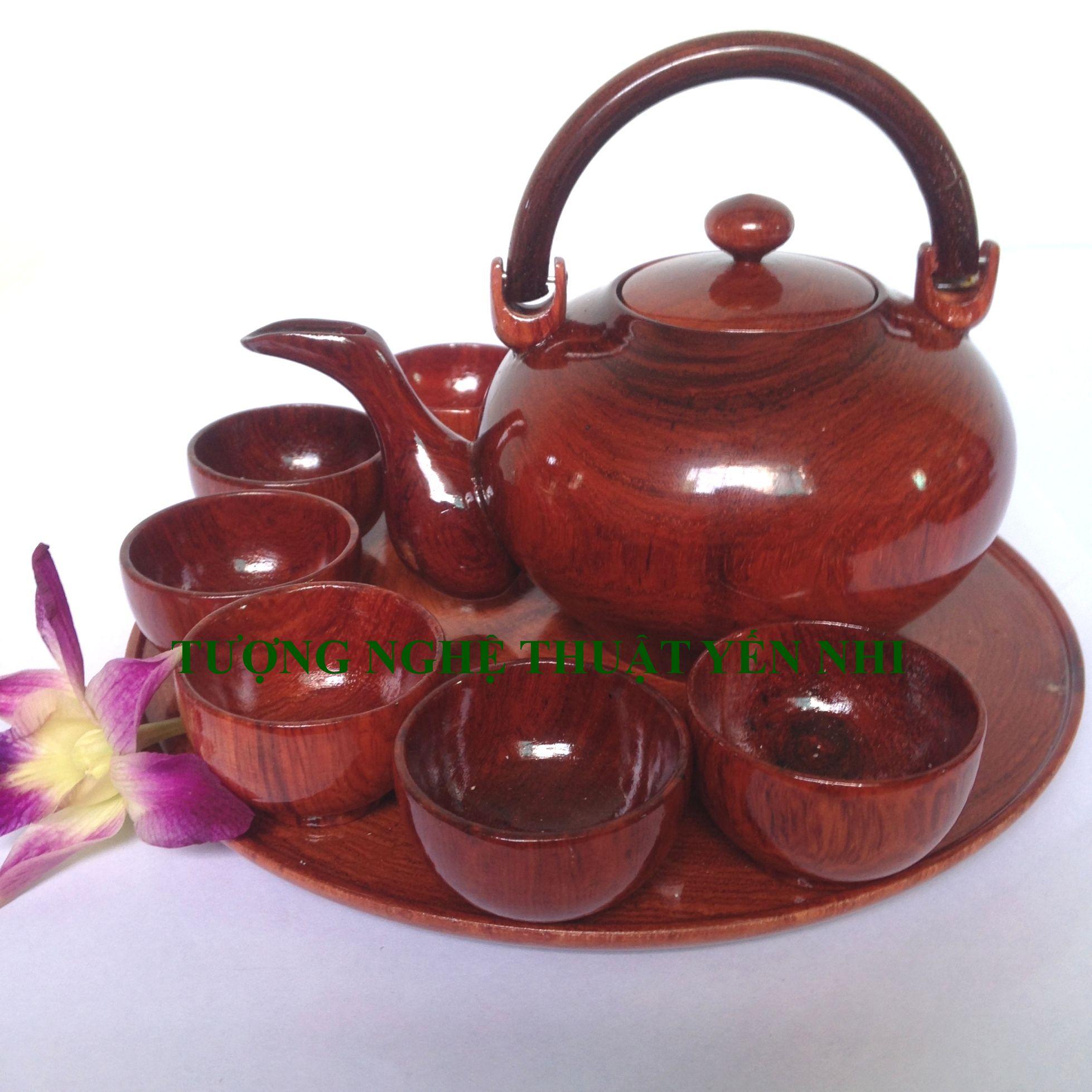 Bộ ấm chén trà gỗ Giáng Hương cao cấp có đĩa (1 ấm + 6 chén)