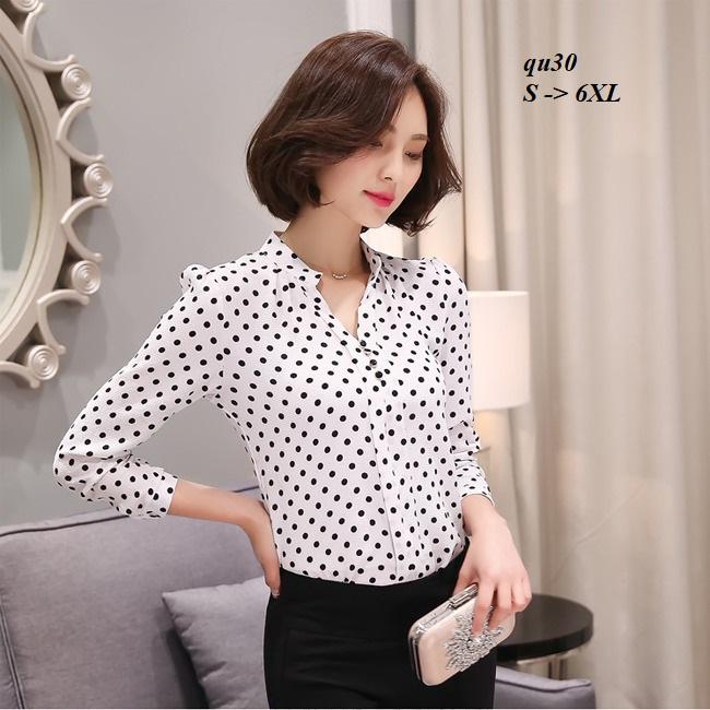 Top153qu áo sơ mi chấm bi cổ trụ